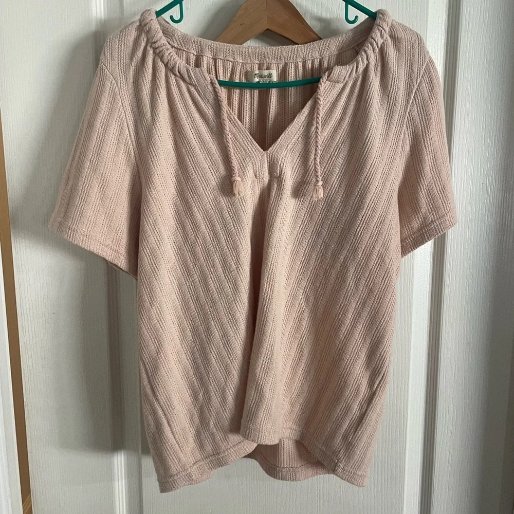 Madewell‎ Womens Small Pink Ribbed Knit Tassel Tie V-Neck Short Sleeve Blouse